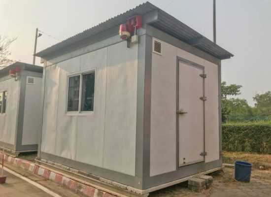 shipping container temporary office at construction site